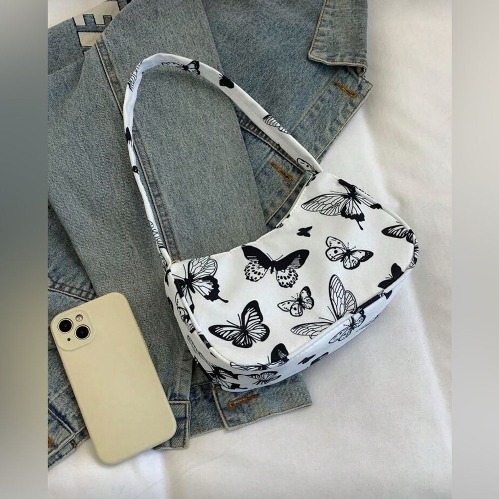 White Butterfly Shoulder Bag Y2K Mini Purse Zip Closure